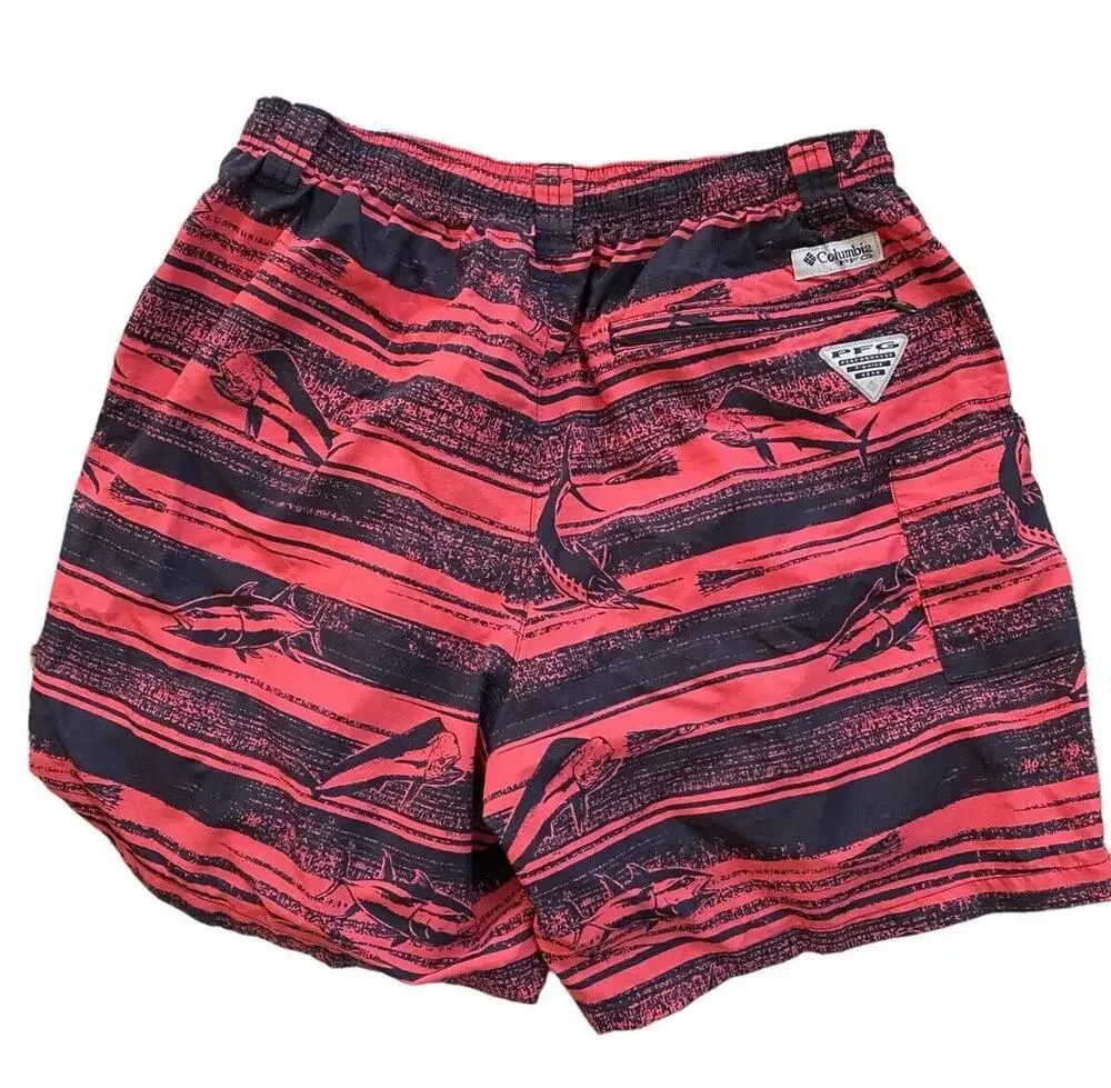 Columbia PFG Backcast II Swim Trunks Men M Red Blue Striped Shorts Nylon Fishing